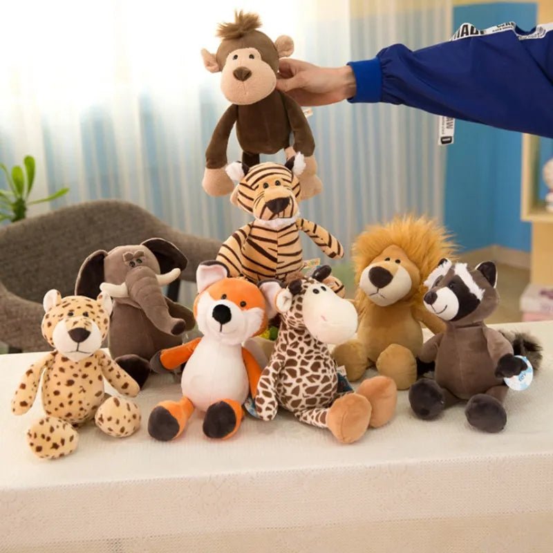 Forest animal plush toy collection arranged on a couch, realistic stuffed animals for nursery decor and cuddly play.
