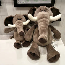 Pair of lifelike elephant plush toys with soft stuffed bodies for toddler cuddles, gifting and playroom display.