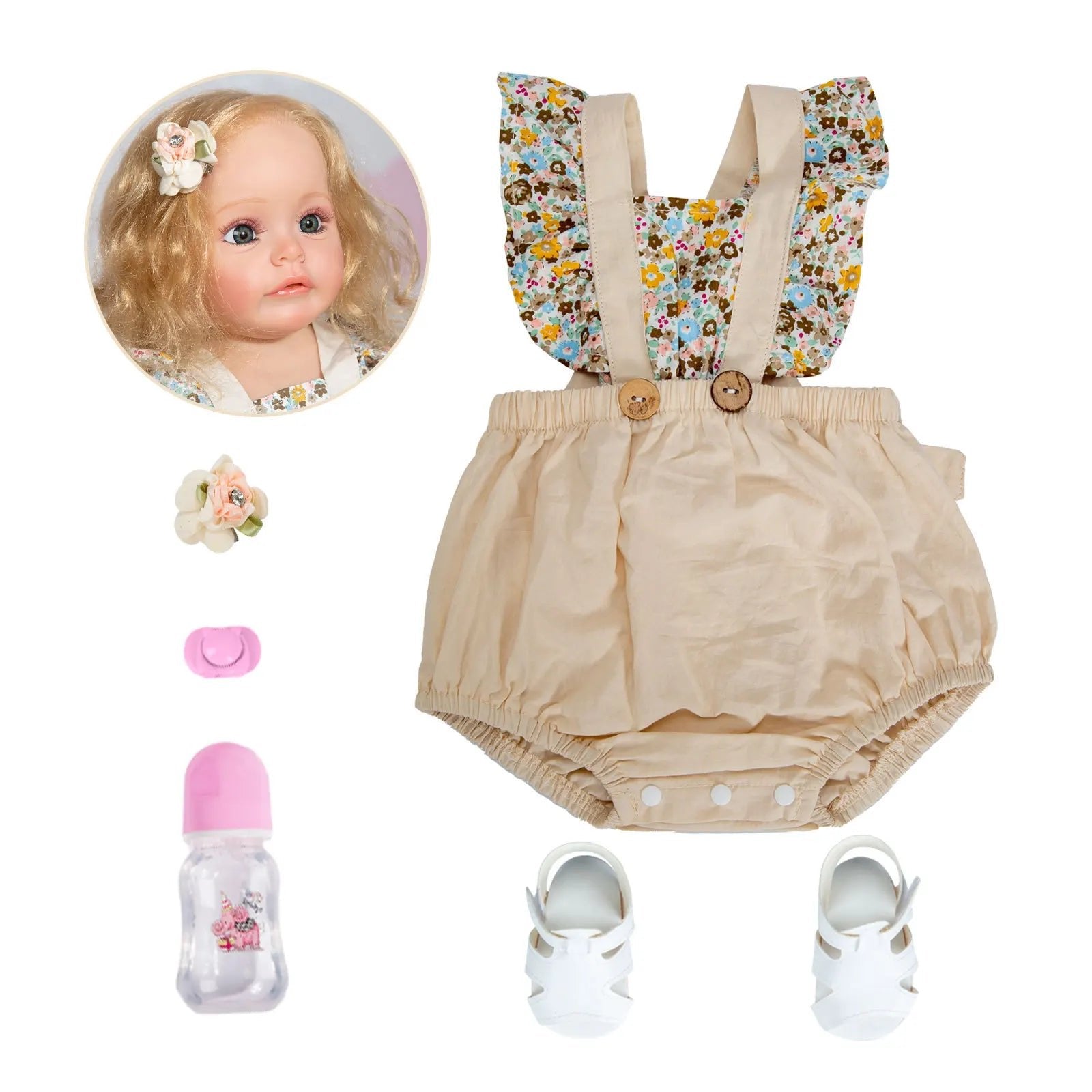 Lifelike Reborn Doll 55cm outfit set with floral top, bloomers, bottle, shoes and hair clip for dressing up and pretend care play.