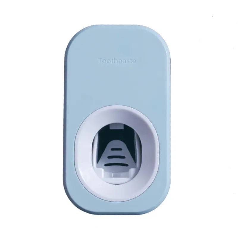 Light blue automatic toothpaste dispenser for hands-free squeezing and neat bathroom storage.
