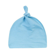 Light blue baby cotton knot beanie sleep cap for newborn boys at nap time and on stroller walks.