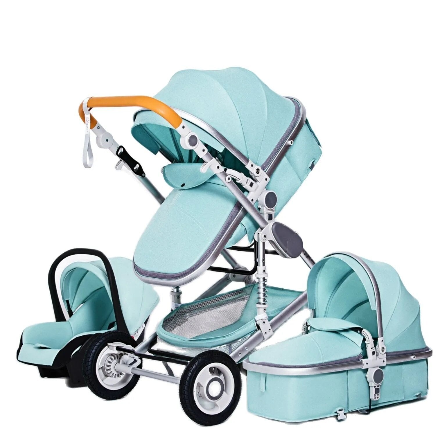 Light blue 3-in-1 baby stroller travel pram with a reliable brake system.