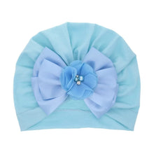 Shiny Rhinestone Bowknot Baby Turban in light blue with large bow for gentle daily wear.