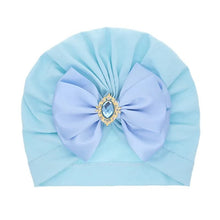 Light blue and purple bow baby turban colour variant for cute everyday outfits and special occasion wear.
