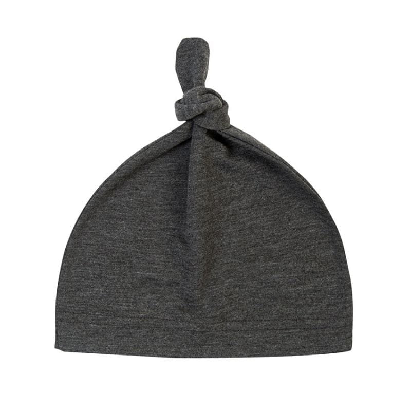 Light grey baby knot hat in cotton as a newborn sleep cap for hospital days and daily naps.