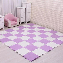 Light purple and white EVA foam puzzle play mat shown in overview for gentle daily play.