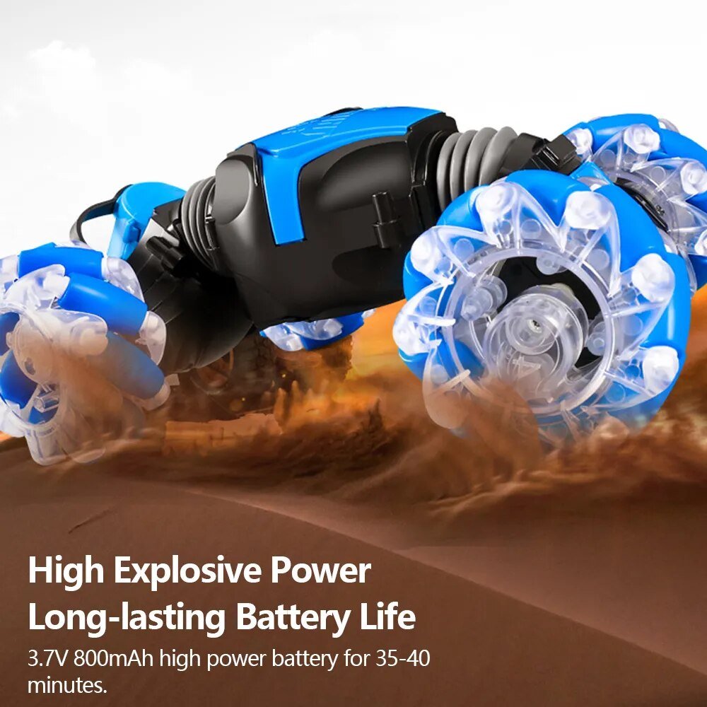 Gesture-controlled RC car with light spray shown on a surface highlighting battery life.