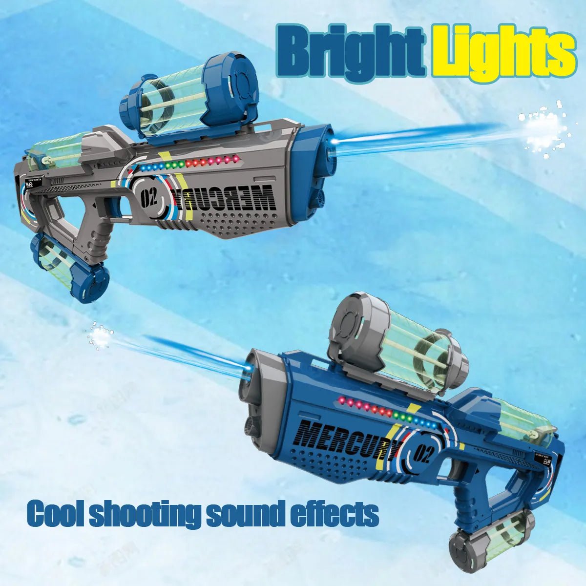 Toy laser guns with 'Mercury' branding on a blue background, featuring bright lights and sound effects text.