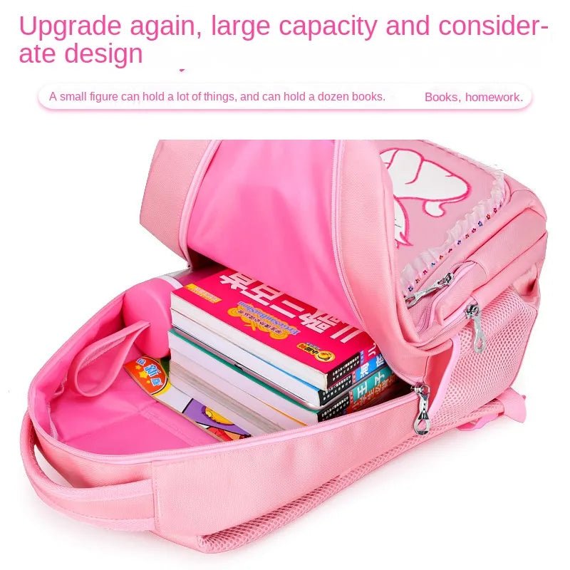 Pink backpack with books inside on a white background