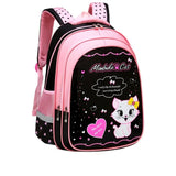 Pink and black backpack with a cat design
