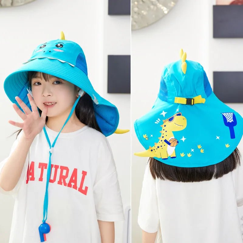 Child wearing a blue dinosaur hat with a front view and back view showing the design.