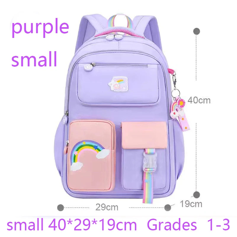 Purple backpack with rainbow designs and measurements