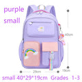 Purple backpack with rainbow designs and measurements