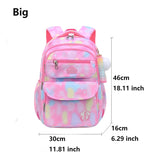 Pink and multicolored backpack with measurements.