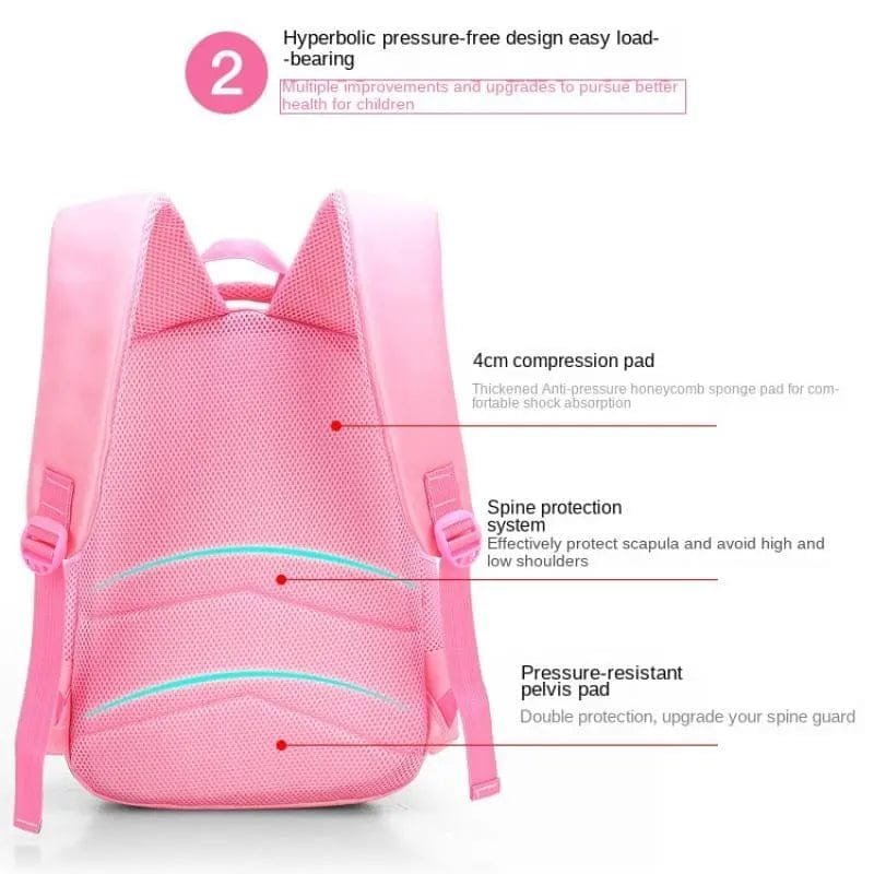 Feature highlights of the lightweight pink school backpack set that keep loads comfortable for young girls.