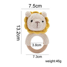 Lion head crochet wooden baby rattle and teether ring shown as a colour swatch for gift selection.