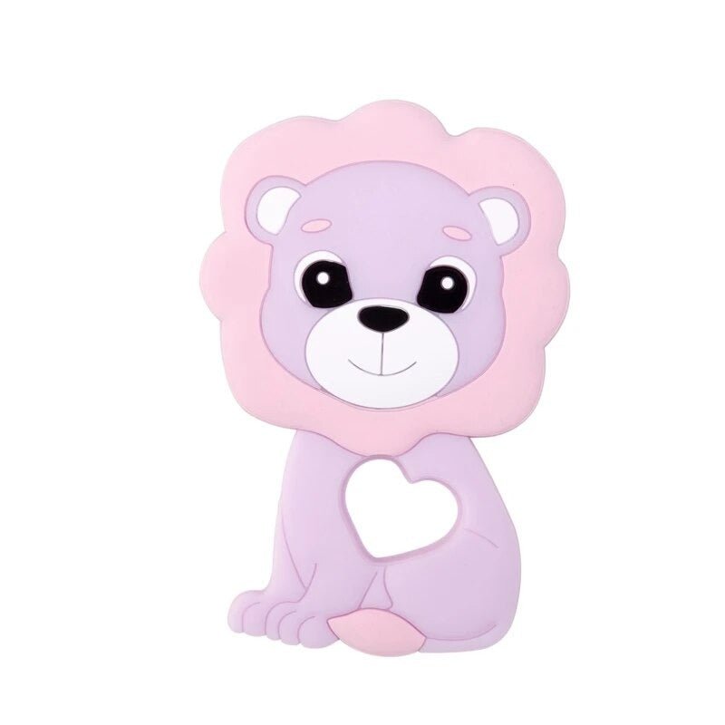 Lion Silicone Teether in pink and purple two-tone design for baby-safe teething play.