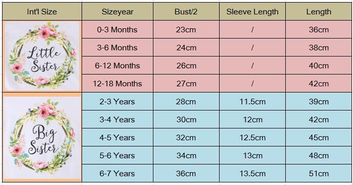 Size chart for children's clothing with 'Little Sister' and 'Big Sister' labels.