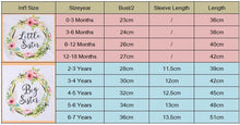 Size chart for children's clothing with 'Little Sister' and 'Big Sister' labels.