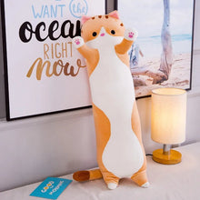 Long Cat Plush Sleep Pillow Soft Cushion styled in a bedroom for calming bedtime routines.
