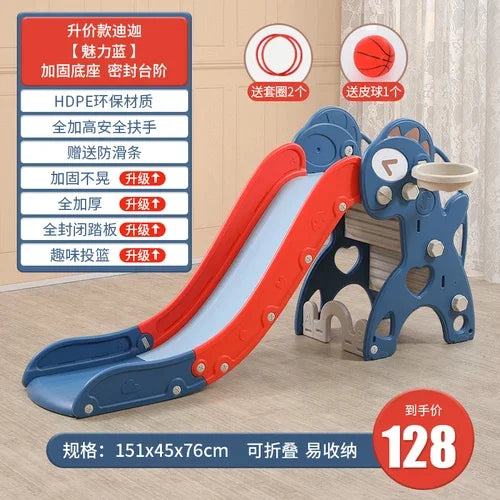 Children's slide with additional features and specifications on a wooden floor.