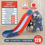 Children's slide with additional features and specifications on a wooden floor.