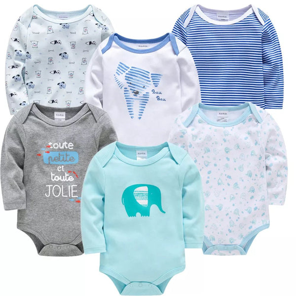 Set of baby bodysuits in various patterns and colors