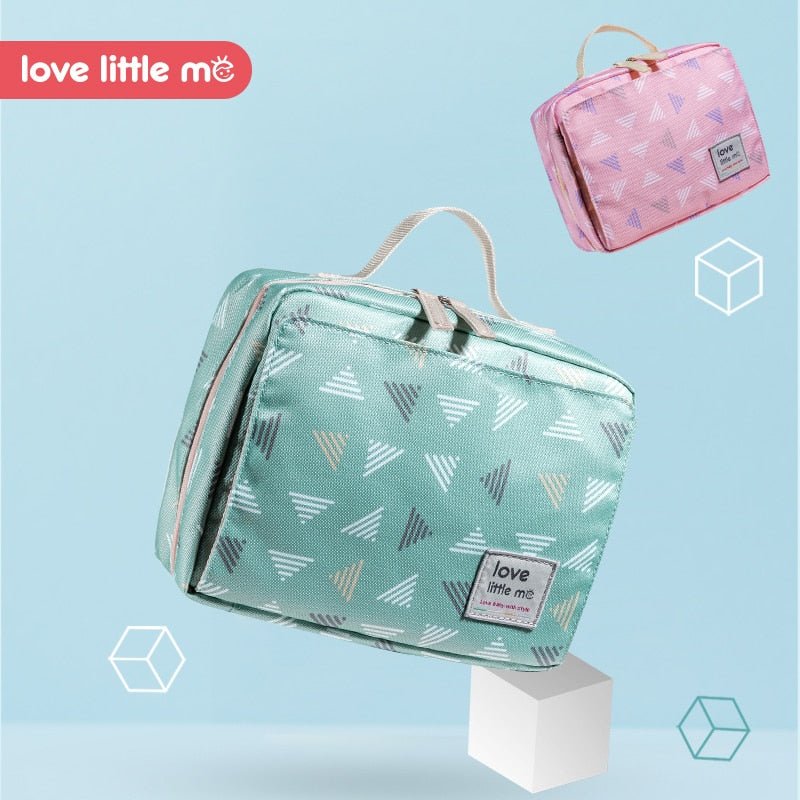 Love Little Me Portable Baby Diaper Bag green and pink pouch set for baby essentials storage.