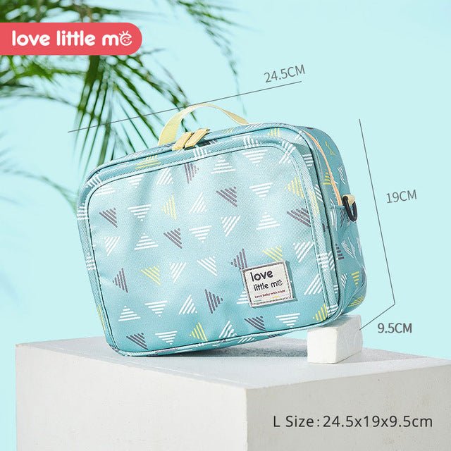 Love Little Me Portable Baby Diaper Bag light blue geometric pouch for maternity travel.