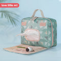 Love Little Me Portable Baby Diaper Bag toiletry pouch in green and pink for travel essentials.
