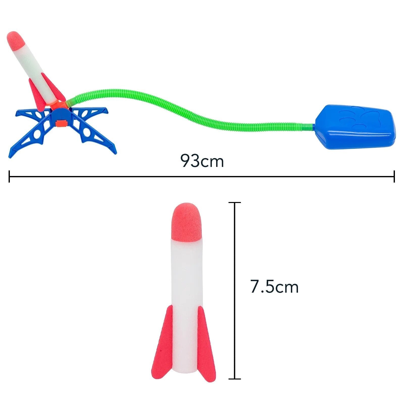 Luminous Rocket Outdoor Toy with size measurements for choosing the right fit.