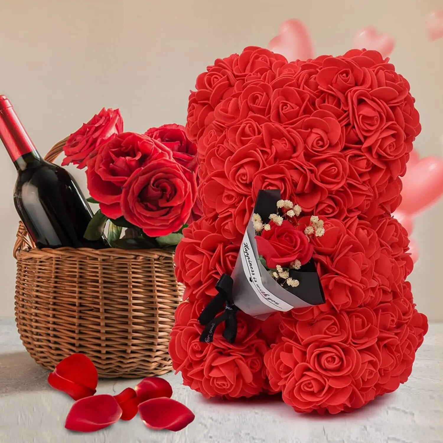 Luxury red Rose Bear styled with a rose basket and wine, a romantic flower teddy for anniversaries and date night gifts.