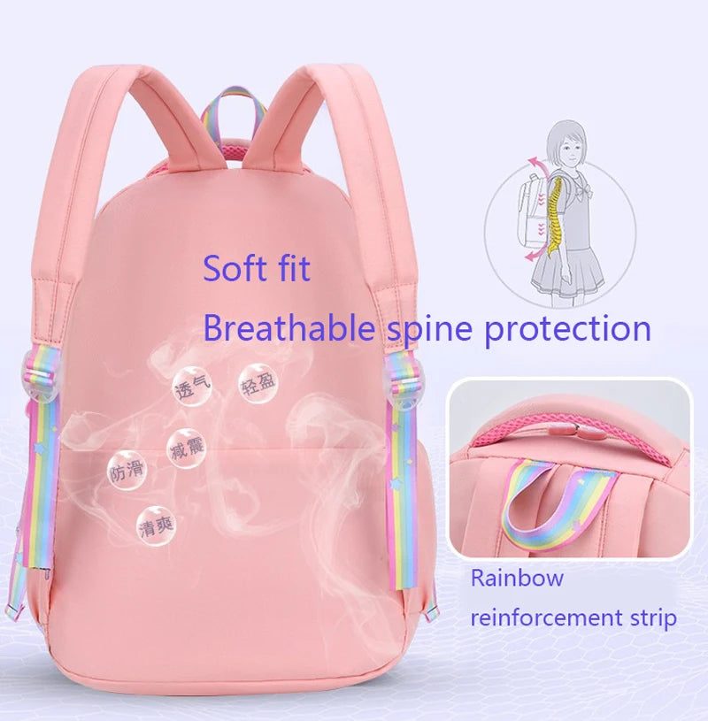 Pink backpack with rainbow accents on a light purple background, featuring text about soft fit and spine protection.