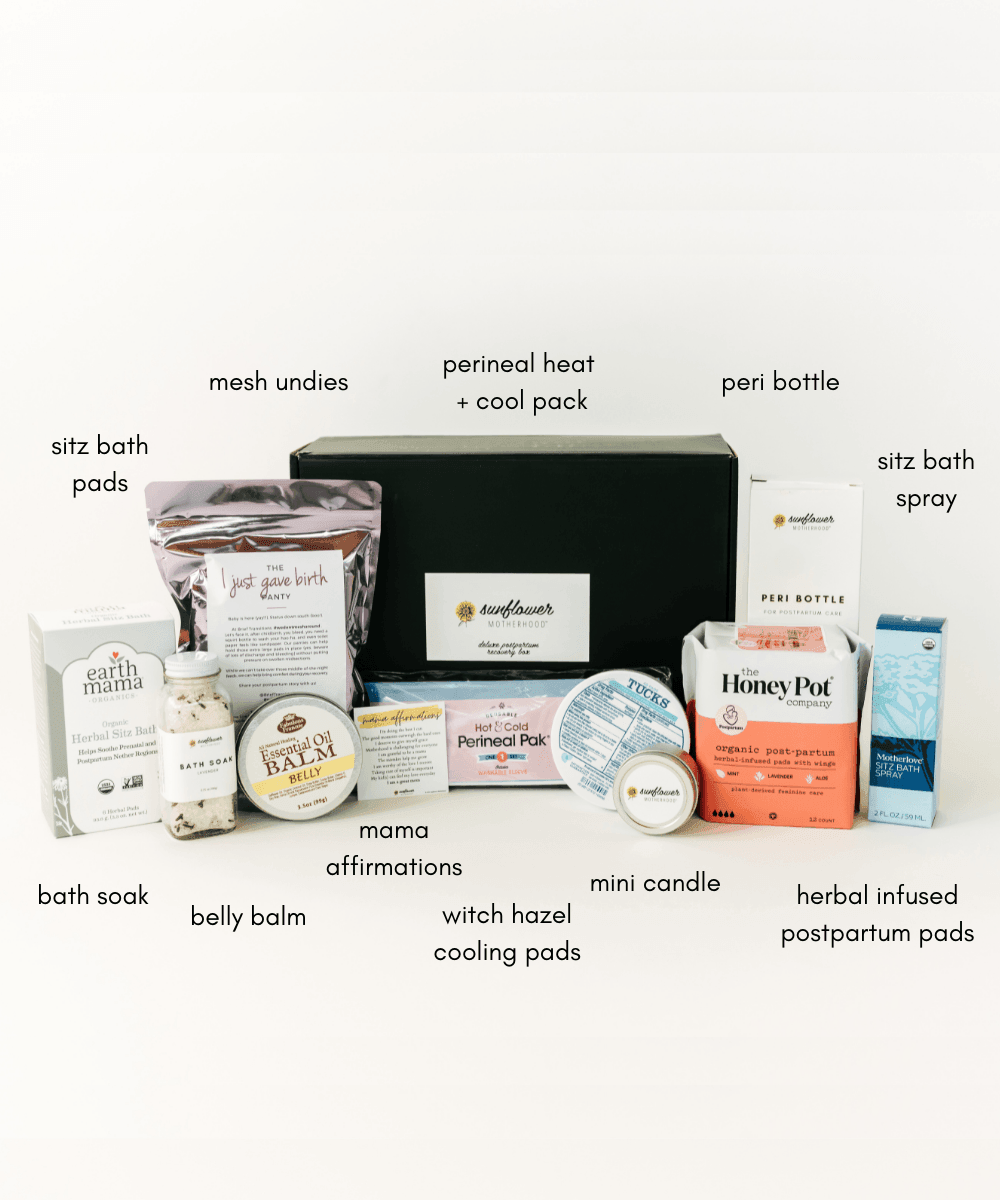 Collection of postpartum care products with labels