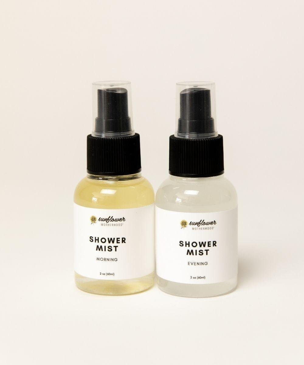 Two bottles of shower mist labeled 'Morning' and 'Evening'.
