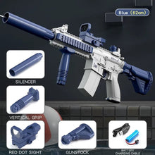 M416 water blaster toy with attachments from an alternate view for kids outdoor summer play.