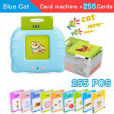 Blue cat card machine with educational cards on a white background