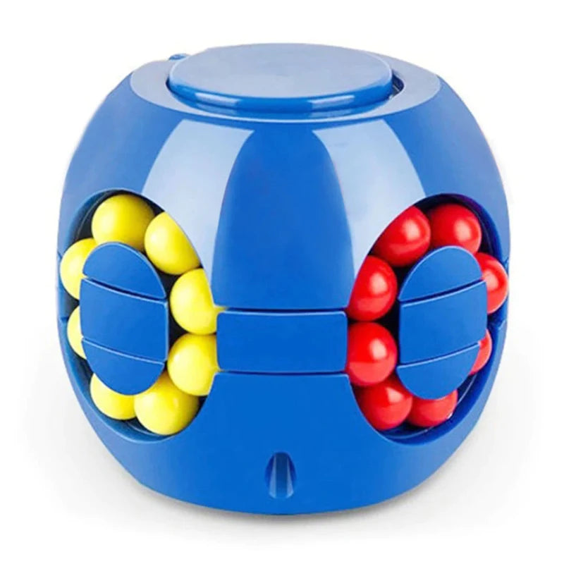 Magic Bean Puzzle Cube Spinner (3D Slide & Gyro Fidget), blue puzzle ball with yellow and red beads, for kids pocket fidget toy use.