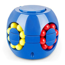 Magic Bean Puzzle Cube Spinner (3D Slide & Gyro Fidget), blue puzzle ball with yellow and red beads, for kids pocket fidget toy use.