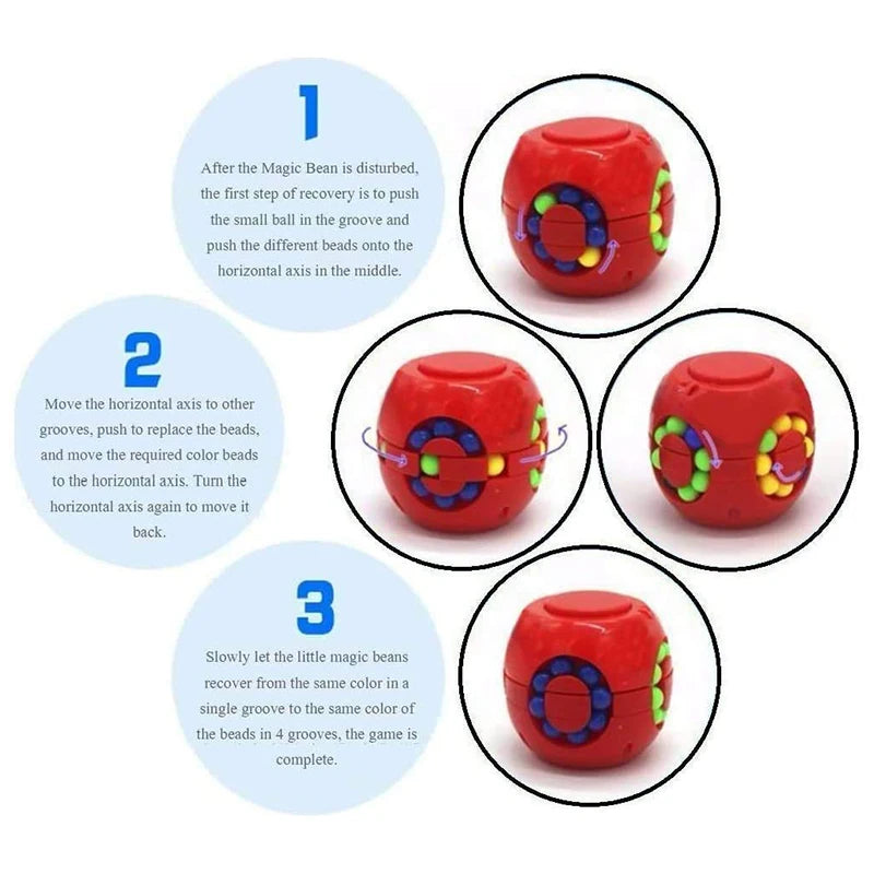 Magic Bean Puzzle Cube Spinner (3D Slide & Gyro Fidget), instructions for a red puzzle toy with colorful beads, for brain teaser puzzle play.