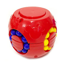 Magic Bean Puzzle Cube Spinner (3D Slide & Gyro Fidget), red toy with blue and yellow components, for calming sensory breaks.