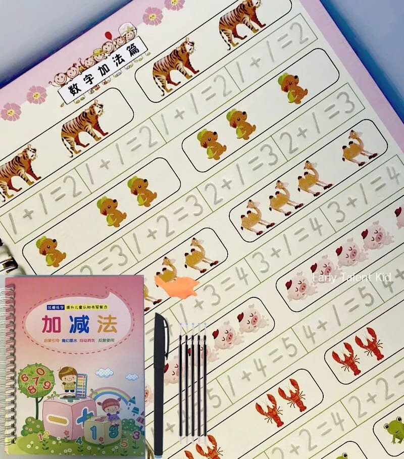 Sank Magic Practice maths workbook page with animal illustrations and equations for fun number practice at home.