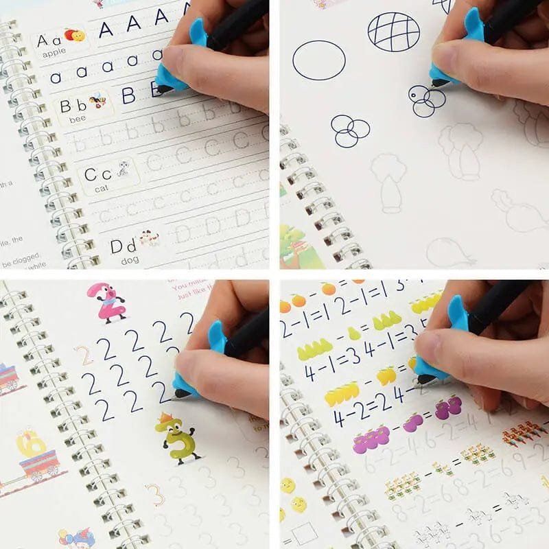 Sank Magic Practice Book grooved copybook guiding childrens hands through letter and number writing practice.