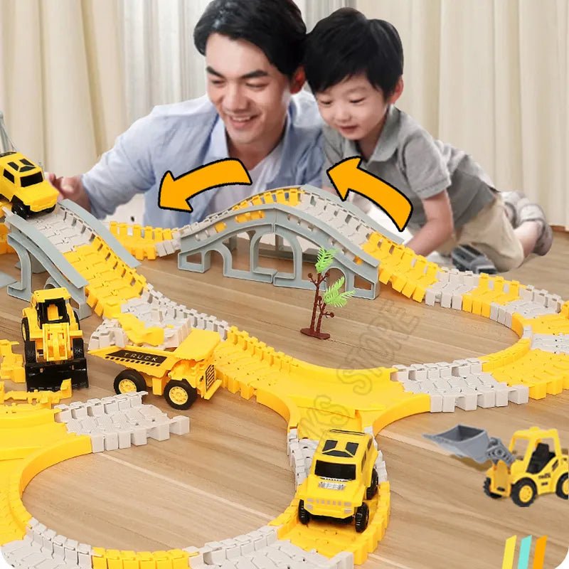 Magic Rail Track flexible car race set played by parent and child for interactive family playtime.