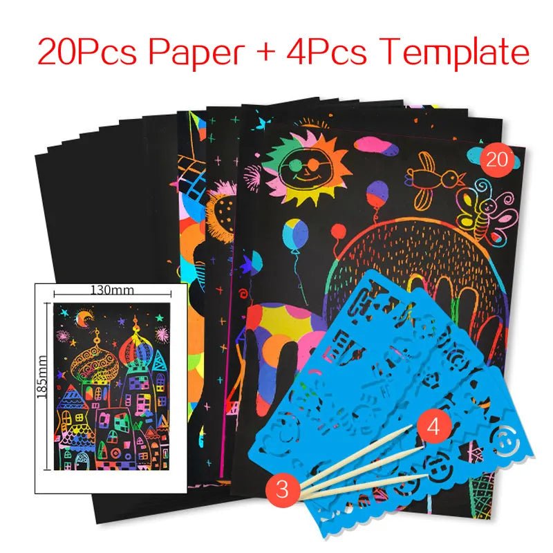Magic Rainbow Scratch Art Card Set, black paper with colorful designs and blue templates with sticks, for holiday gifting and stocking stuffers.