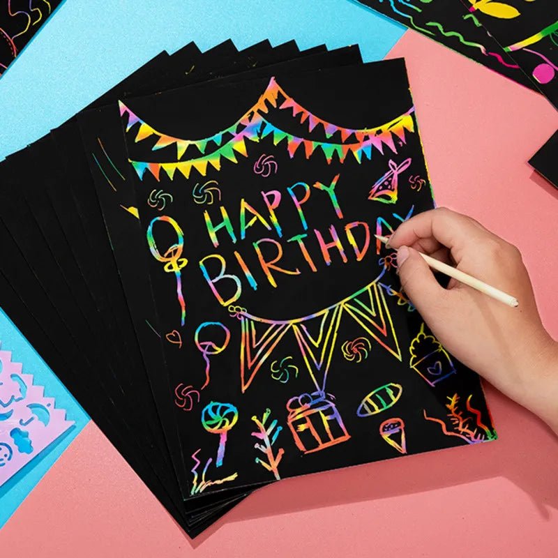 Magic Rainbow Scratch Art Card Set, black scratch-off card with colorful Happy Birthday text and designs, for birthday party craft entertainment.