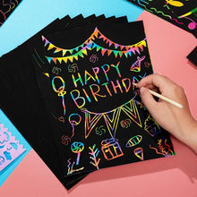 Magic Rainbow Scratch Art Card Set, black scratch-off card with colorful Happy Birthday text and designs, for birthday party craft entertainment.