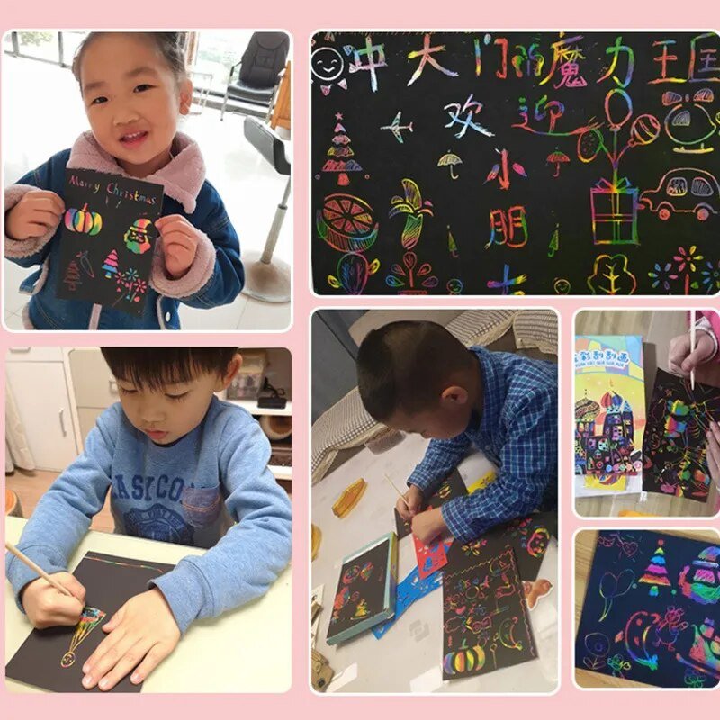 Magic Rainbow Scratch Art Card Set, collage of children engaged in art activities with colorful drawings and crafts, for fine motor skill development play.