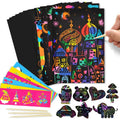 Magic Rainbow Scratch Art Card Set, scratch art paper with colorful designs and a hand holding a scratch tool, for mess-free rainy day drawing play.