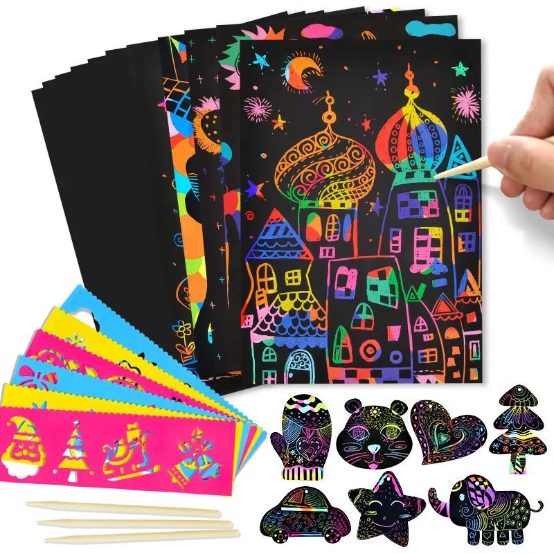 Magic Rainbow Scratch Art Card Set, scratch art paper with colorful designs and a hand holding a scratch tool, for mess-free rainy day drawing play.